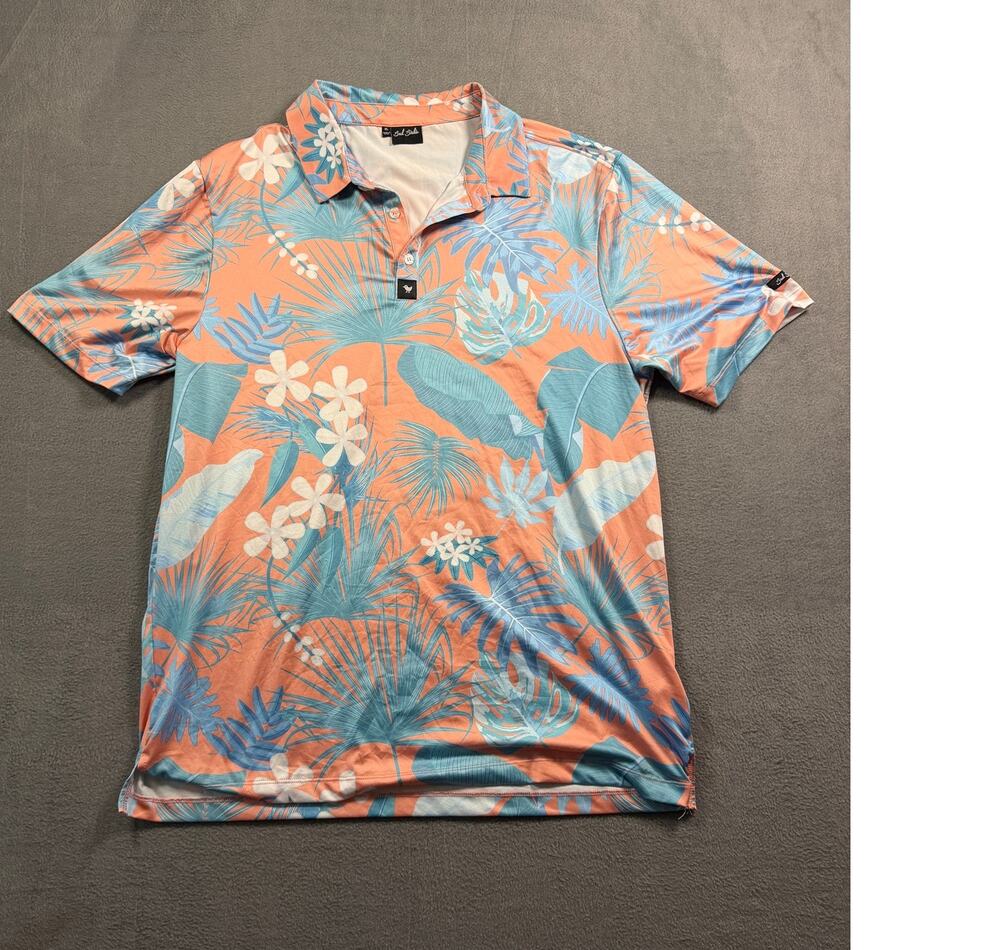 Bad Birdie‎ Mens XL Riviera Golf Polo Shirt Peach Orange Blue Tropical Floral